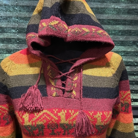 Alpaca Fina Women’s Hooded Pullover Striped w Fringe 100% Alpaca Wool Sweater XS - Picture 7 of 9